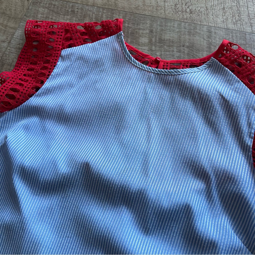 Maeve White Striped Tank with Red Crochet Sleeves - Picture 2 of 6